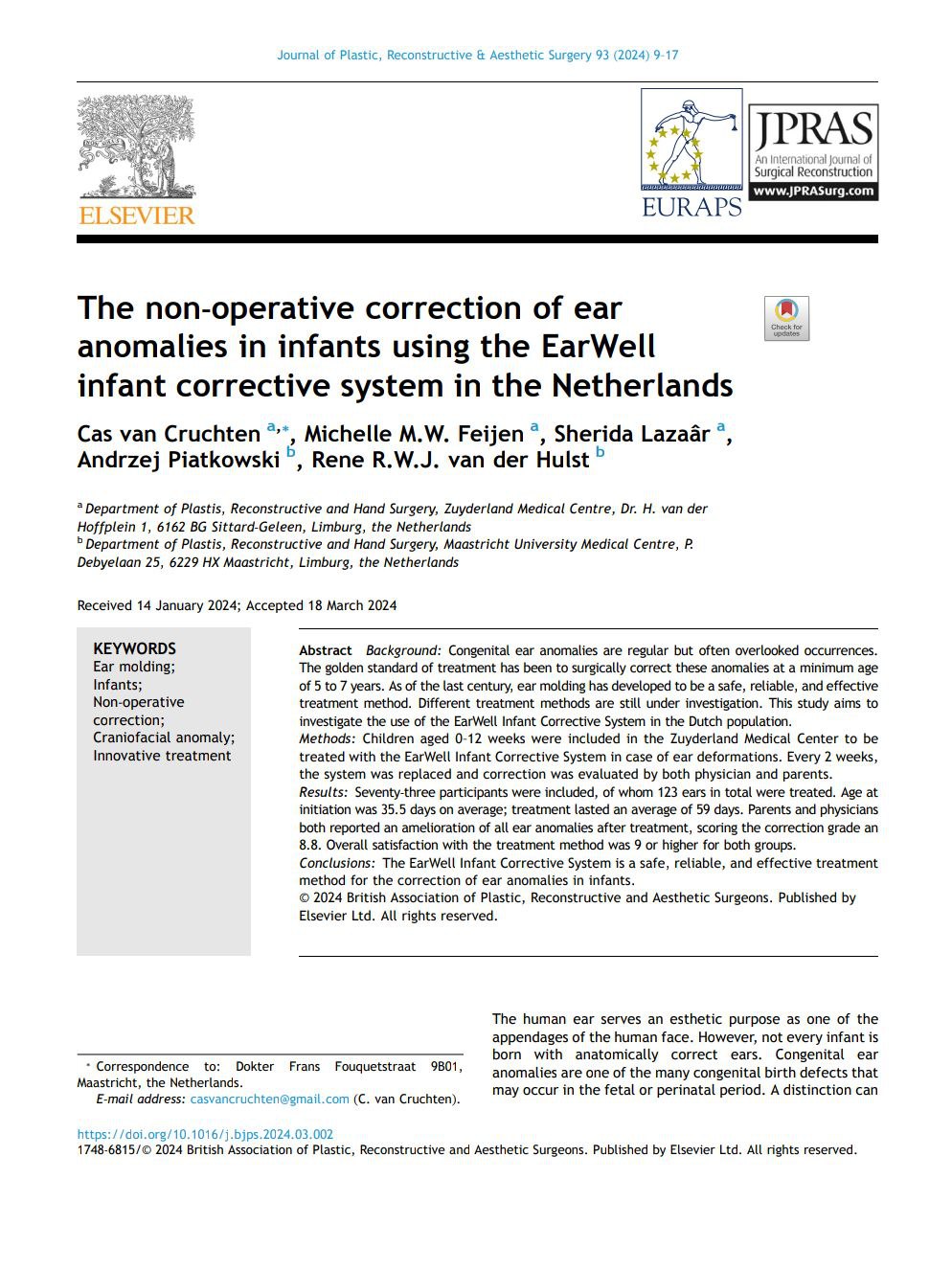 The non-operative correction of ear anomalies in infants using the EarWell infant corrective system in the Netherlands